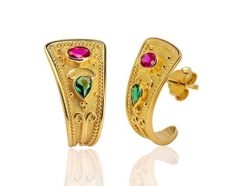 Ruby Emerald Gold Byzantine Earrings, Handmade Greek Jewelry