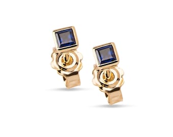 18K Yellow Gold Sapphire Stud Earrings, Handmade in Greece