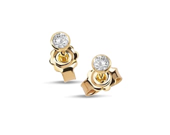 18k Gold Diamond Stud Earrings, Bezel Set, Handmade Greek Jewelry
