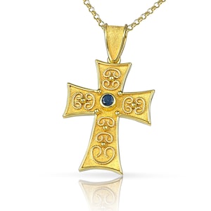 Orthodox Cross, 18K Solid Gold, Sapphire Cross, Byzantine Cross, Greek Cross, Gold Cross, Baptism Cross, Ruby Cross, Etruscan Cross