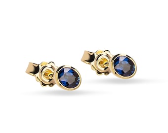 18K Gold Sapphire Stud Earrings, Handmade Bezel Set, September Birthstone