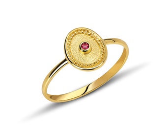 18K Gold Ruby Byzantine Ring, Handmade Greek Jewelry