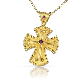 Byzantine Cross, Greek Cross, Gold Cross, Orthodox Cross, Baptism Cross, 18K Solid Gold, Ruby Cross, Etruscan Cross, Gemstone Cross