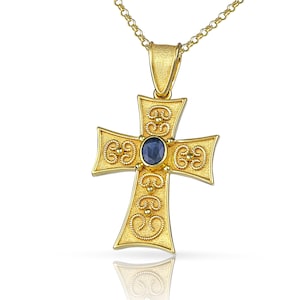 Orthodox Cross, 18K Solid Gold, Sapphire Cross, Byzantine Cross, Greek Cross, Gold Cross, Baptism Cross, Ruby Cross, Etruscan Cross