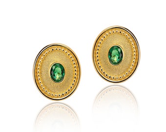 Byzantine 18K Gold Emerald Earrings, Handmade Greek Jewelry