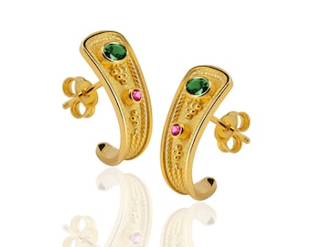 Ruby Emerald 18K Gold Byzantine Earrings, Handmade Greek Jewelry