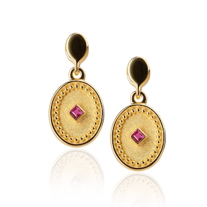 Drop Ruby Earrings, Byzantine Drop Earrings, Natural Ruby Earrings, 18K  14K Gold Earrings, Yellow Gold, Greek Earrings, Women Earrings