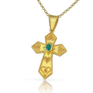 Emerald Cross, 18K Solid Gold, Diamond Cross, Byzantine Cross, Greek Cross, Gold Cross, Orthodox Cross, Baptism Cross, Etruscan Cross