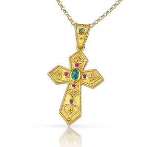 Emerald Cross, 18K Solid Gold, Diamond Cross, Byzantine Cross, Greek Cross, Gold Cross, Orthodox Cross, Baptism Cross, Etruscan Cross