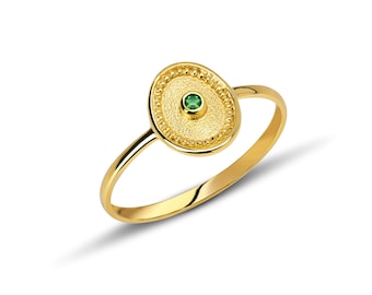 18K Gold Emerald Ring, Thin Band, Handmade Byzantine Style