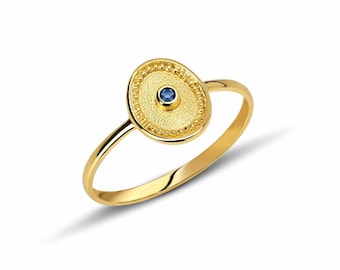 18K Gold Byzantine Sapphire Ring, Handmade Greek Jewelry