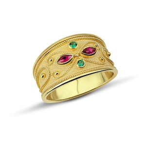 Marquise Ruby Ring, Byzantine Ring, 18K Gold Byzantine Ring, Gemstone Solid Gold Ring, Greek Style Ring, Emerald Ruby Ring, Greek Jewelry
