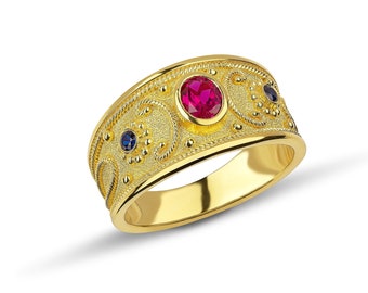 18K Gold Byzantine Ring, Ruby Sapphire Gemstone Ring, Handmade Greek Jewelry
