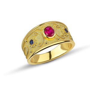 Ruby Sapphire Ring, Multi stone Byzantine Ring, 18K Gold Byzantine Ring, Gemstone Solid Gold Ring, Greek Style Ring, Ruby Ring Gold