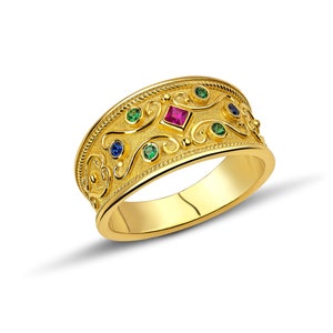 Multi stone  Byzantine Ring, 18K Gold Byzantine Ring, Gemstone Solid Gold Ring, Greek Style Ring, Emerald Ruby Sapphire Ring Christmas