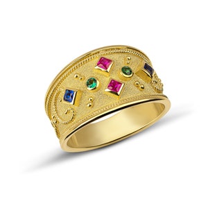 Multi stone  Byzantine Ring, 18K Gold Byzantine Ring, Gemstone Solid Gold Ring, Greek Style Ring, Emerald Ruby Sapphire Ring Christmas