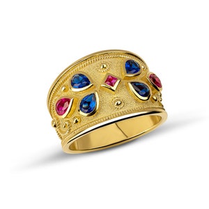 Greek Ring, Multi stone Byzantine Ring, 18K Gold Byzantine Ring, Gemstone Solid Gold Ring, Greek Style Ring, Ruby Sapphire Ring Christmas