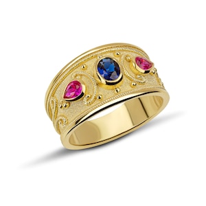 Ruby Sapphire Byzantijnse ring, 18K gouden Byzantijnse ring, edelsteen massief gouden ring, ring in Griekse stijl, Griekse ring