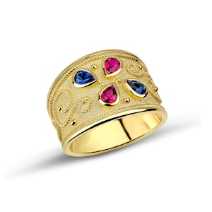 Pear Stone Byzantine Ring, 18K Gold Byzantine Ring, Gemstone Solid Gold Ring, Greek Style Ring, Ruby Sapphire Ring Christmas