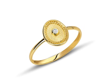 Byzantine 18K Gold Diamond Ring, Thin Band, Handmade Greek Jewelry