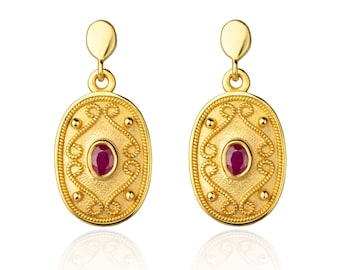 Byzantine Drop Ruby Earrings, Natural Ruby Earrings, 14K Gold Earrings, Yellow Gold, Etruscan Earrings, Greek Earrings, Woman