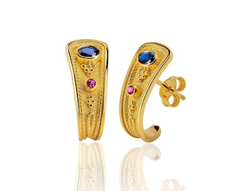 18K Gold Ruby Sapphire Byzantine Earrings, Handmade Greek Jewelry