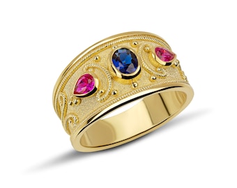 Ruby Sapphire 18K Gold Byzantine Ring, Handmade Greek Jewelry