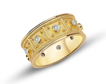 Byzantine Band Brilliant Diamond Ring, Diamond Pave Ring, Byzantine Diamond Ring, Diamond Solid Gold Ring, Greek Style, Greek Diamond Ring