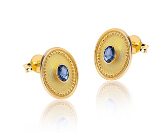 18K Gold Sapphire Earrings, Handmade Byzantine Style