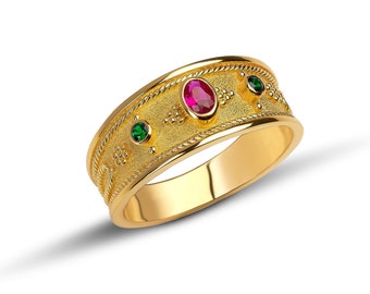 Anneau d’or jaune émeraude rubis naturel, anneau byzantin, anneau byzantin d’or de 18K, anneau en or massif de pierre gemme, anneau grec, bijoux grecs