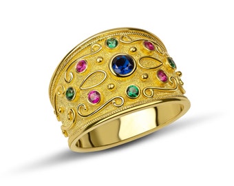 Anneau byzantin, bague grecque 18K, bague rubis saphir, bague en or 18k, bague en or floral, bague en or grec, large anneau d’or