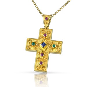 Multi Stone Cross, 18K Solid Gold, Diamond Cross, Byzantine Cross, Greek Cross, Gold Cross, Orthodox Cross, Baptism Cross, Etruscan Cross