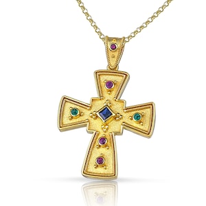Multi Stone Cross, 18K Solid Gold, Diamond Cross, Byzantine Cross, Greek Cross, Gold Cross, Orthodox Cross, Baptism Cross, Etruscan Cross