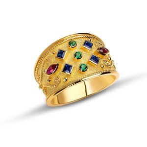 Multi Gem Ring Yellow Gold, 18K Gold Byzantine Ring, Natural Gemstone Solid Gold Ring, Greek Ring, Ruby Sapphire Emerald Ring, Greek jewelry