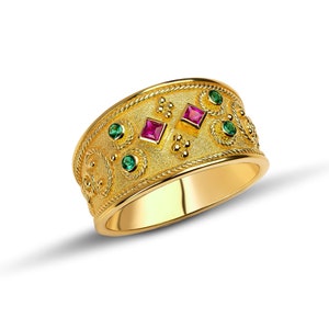 Ruby Emerald Yellow Gold Ring, Byzantine Ring, 18K Gold Byzantine Ring, Natural Gemstone Solid Gold Ring, Greek Ring, Greek jewelry