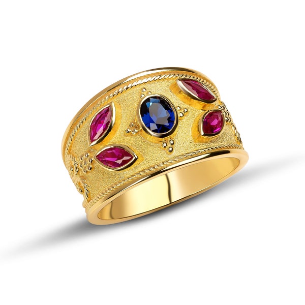 18K Gold Ruby Sapphire Byzantine Ring, Handmade Greek Jewelry