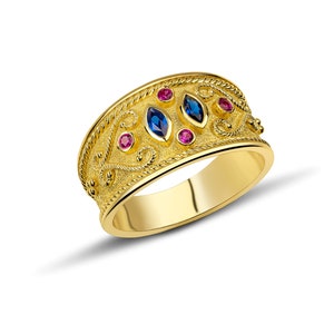 Marquise Navette Ring, Byzantine Ring, 18K Gold Byzantine Ring, Gemstone Solid Gold Ring, Greek Ring, Ruby Sapphire Ring, Greek Jewelry