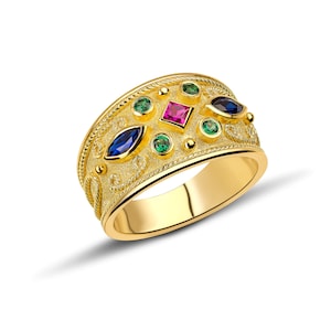 Emerald Ruby Sapphire Byzantine Ring, 18K Gold Byzantine Ring, Gemstone Solid Gold Ring, Greek Style Ring, Greek Jewelry, Greek Ring