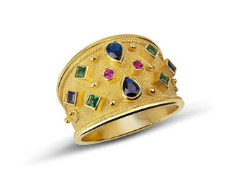 18K Gold Byzantine Ring, Emerald Ruby Sapphire, Handmade Greek Jewelry