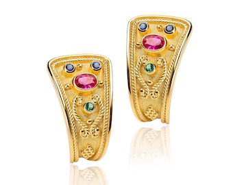 18K Gold Byzantine Earrings, Ruby, Emerald, Sapphire, Handmade Greek Jewelry