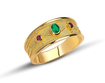 Bague en or jaune rubis émeraude naturelle, bague byzantine, bague byzantine en or 18 carats, bague en or massif de pierres précieuses, bague grecque, bijoux grecs