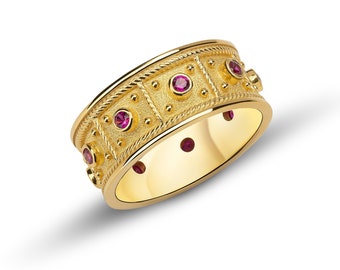 Handmade 18K Gold Byzantine Ring, Ruby Pave Greek Style