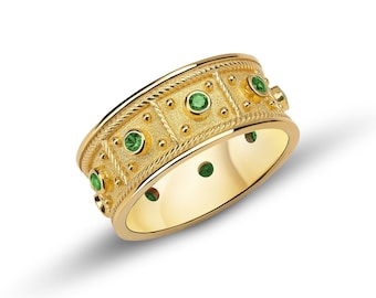 Byzantine Emerald Ring, 18K Solid Gold, Handmade Greek Jewelry