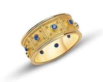 Byzantine 18K Gold Sapphire Ring, Handmade Greek Band