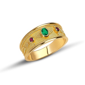 Natural Emerald Ruby Yellow Gold Ring, Byzantine Ring, 18K Gold Byzantine Ring, Gemstone Solid Gold Ring, Greek Ring, Greek jewelry