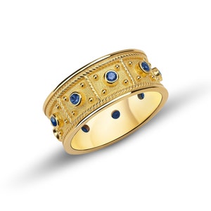 Byzantijnse band blauwe saffierring, ring saffier effenen, ring Byzantijnse saffier, saffier massief goud, ring in Griekse stijl, ring Griekse saffier