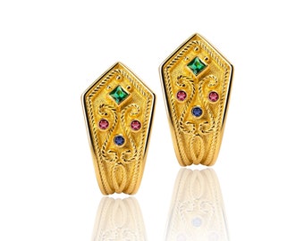 18K Gold Byzantine Earrings, Ruby Emerald Sapphire, Greek Jewelry