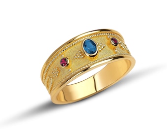 Anneau jaune rubis naturel de saphir, anneau byzantin, anneau byzantin d’or de 18K, anneau en or massif de pierre gemme, anneau grec, bijoux grecs