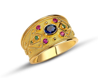 Sapphire, Ruby, Tsavorite Ring, Byzantine Ring, 18K Gold Byzantine Ring, Natural Gemstone Solid Gold Ring, Greek Ring, Greek jewelry