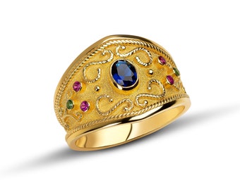 Oval Sapphire Yellow Gold Ring, Byzantine Ring, Multi Stone Ring, 18K Gold Byzantine Ring, Gemstone Solid Gold Ring, Ruby Sapphire Emerald